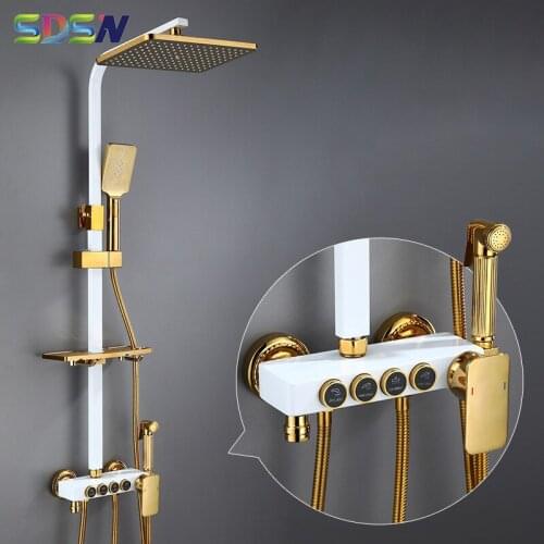 Thermostatic Shower Set SDSN White Gold Bathroom Shower System Copper Brass Bathroom Shower Faucet Rainfall White Shower Set