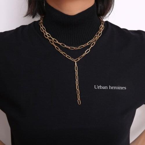 BUDROVKY Ornament Cool Geometric Double-Layer Necklace Female Retro Simple Chain Y-Shaped Tassel Necklace