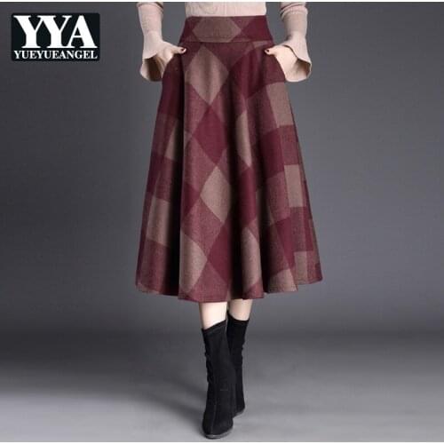Vintage Plaid Skirt Womens Autumn Winter British Style High Waist Skirt Elegant Slim Fit Ladies Mid Long Skirts S-2XL