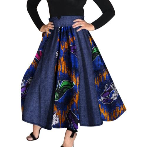 2021 Women African Clothing Bazin Riche High Waist Skirts Dashiki African Print Cowboy Patchwork Tutu Skirts Clothes WY959