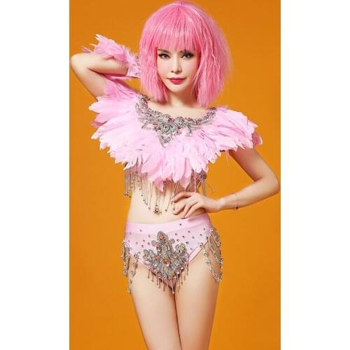 Women New Shiny Rhinestone Bar Nightclub DS DJ Dancing Female Singer Sexy Pink Feather Set Dance Costume Fringed Pearl Clothing
