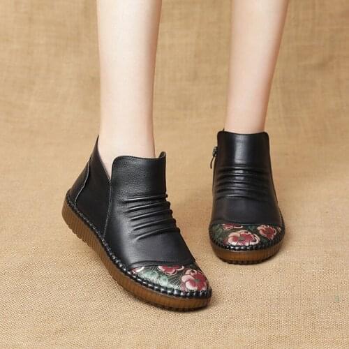 AARDIMI Winter Women Cow Leather Chelsea Boots For Warm Plush Mothers Shoes Woman Print Sewing Flat With Boots Casual Footwear