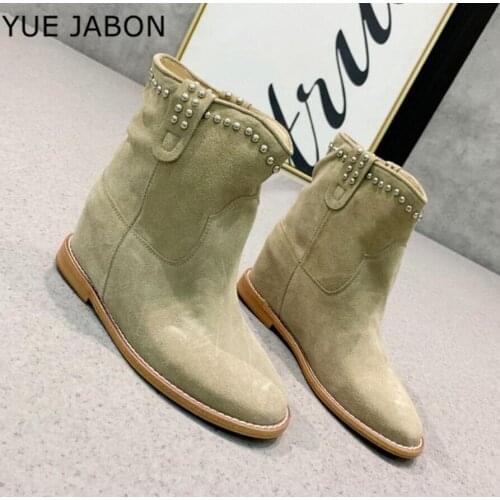 New Suede Ankle Boots Woman Real Leather Winter Shoes Woman Flat Heel Fashion Rivets Warm Short Boots Woman Footwear Size 35-42
