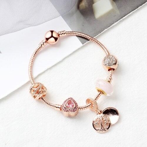 Tree of Life Heart Charm Bracelet for Women Rose Gold Snake Chain Love Bracelet