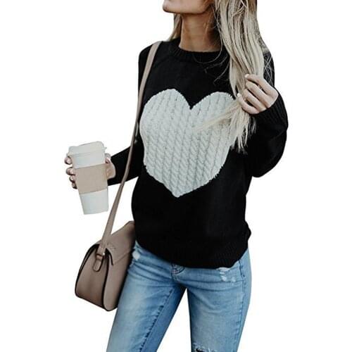 Contrast Color Love Heart Pullovers Autumn Womens Loose Sweet Knitted Jumpers Mujer Love Black Knitting Sweaters Plus Size