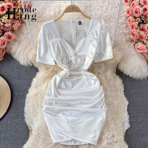 HangCode Satin Dress Women 2021 Ins Fashion White Black Knot V-neck Wrap Hips Bodycon Dress Sexy Night Club Mini Dress Lady