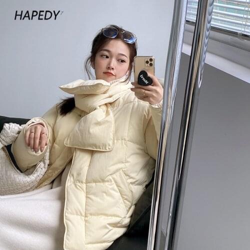 2021 Winter Tricolor Scarf Long-sleeved Down Cotton Coat Women Korean Loose Casual Bread Warm Puffer Jacket Parka Thick Outwear