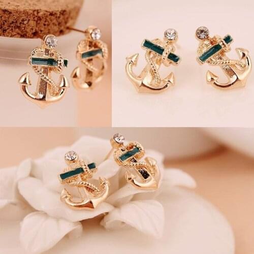 1 Pair Women Girls Navy Sailor Style Crystal Rhinestone Anchor Ear Studs Earrings Jewelry Gifts