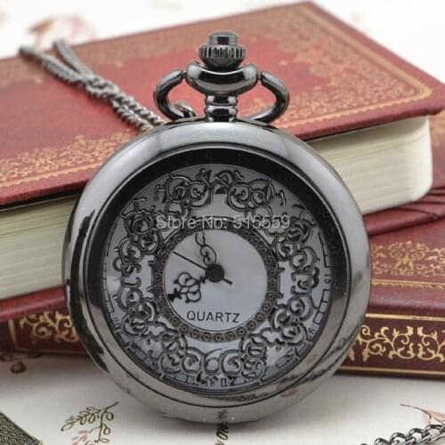 50pcs/lot Black Hollow Flower Retro Pocket Watch Top Quality Watch Necklace Gift Watch Factory Price Wholesale