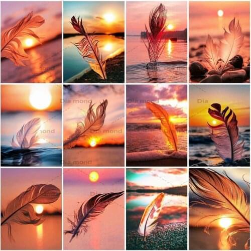 5D DIY Diamond Painting Sunset Beach Cross Stitch Kit Diamond Embroidery Feather Mosaic Scenery Picture Rhinestones Home Decor