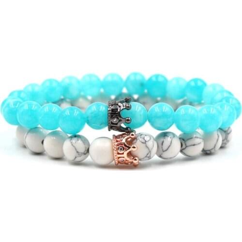 8mm 2PCS/Set xg432 elastic adjusted nature white Howlite bead micro pave cz zircon cubic zirconia Crown Bracelet