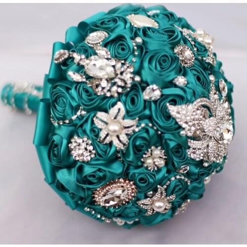 Teal blue rose brooch bouquet wedding decoration items bridesmaid bouquets 8 inch