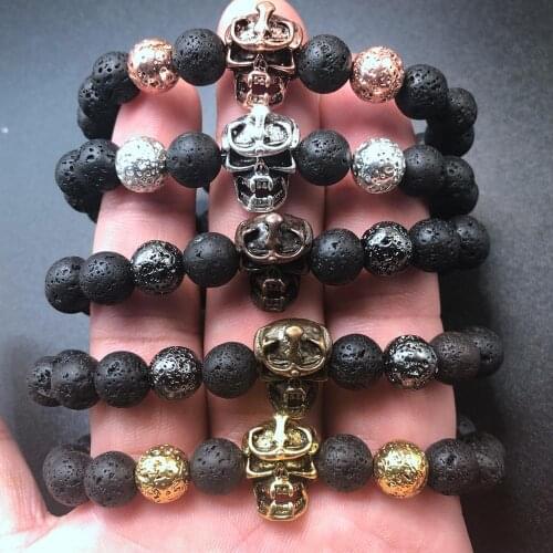 Couples Bracelets Male Black Natural Lava Stone Beads Bracelet Women Plating Stone Vintage Strand Wristband Bangles for Party