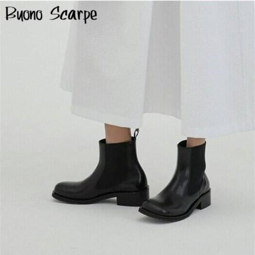 Designer Women Chelsea Boots Genuine Leather Ankle Boots Chunky Heel Casual Short Booties Handmade Black Punk Sqaure Toe Shoes