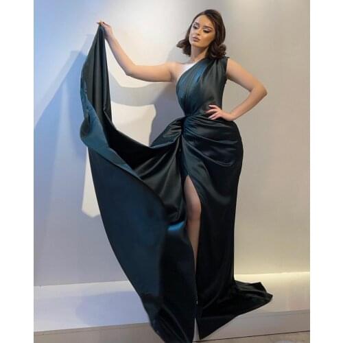 Long One Shoulder Pleated Top Evening Dresses with Slit Sexy Court Train Satin Mermaid Abendkleid Formal Party Gown for Women