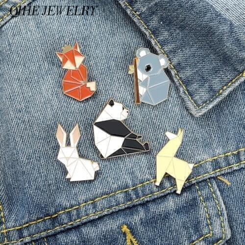 Origami Animal Enamel Pins Fox Rabbit Bunny Dog Panda Koala Lapel Pin Cartoon Cute Animal Brooches Backpack Hat Accessories