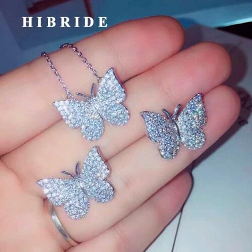 HIBRIDE Sparkling Cubic Zircon Butterfly Shape Necklace Set Small Link Chain Earring Necklace Sets Wedding Jewelry N-673