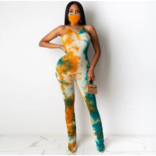 Tie Dyeing Print Backless Jumpsuit Rompers Trousers Clubwear 2020 New Sexy Women Sleeveless Strap Rompers Playsuit Summer Shorts