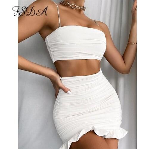 FSDA Summer 2020 Women Set Spaghetti Strap Crop Top White Sexy And Mini Bodycon Skirt Ruffles Party Outfit Club Two Piece Sets