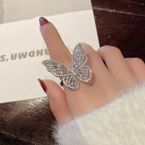 Fashion classic design jewelry opening high-grade copper inlaid zircon butterfly ring luxury shiny cocktail party ring for women
