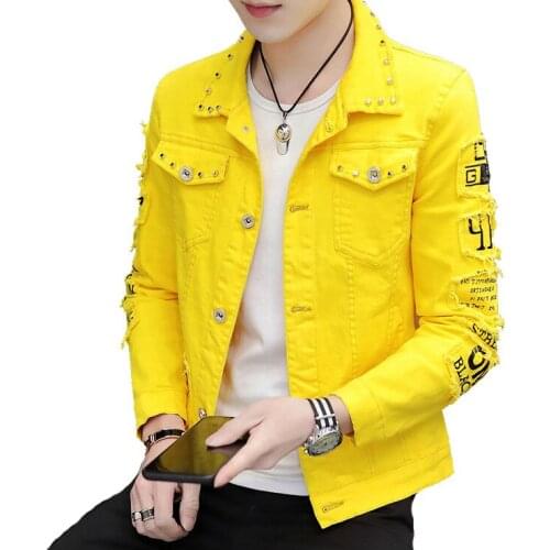 Mens Denim Jackets Fashion Male Nightclub Hip Hop Rivet Denim Coats Men Slim Outwear Ripped Cowboy Jean Jackets Clothing