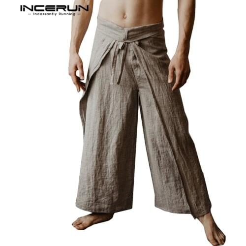 INCERUN 2020 Mens Thai Fisherman Pants Wraps Solid Joggers Vintage Women Yoga-pants Loose Lace Up Wide Leg Massage Trousers Men