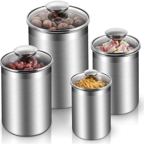 4 Pieces Stainless Steel Kitchen Canister Set, Stainless Steel Counter Food Storage Containers With Clear Glass Lids for Coffee