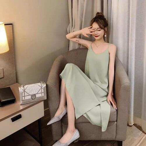 2021 New Suspender Dress Chiffon Dress Womens Long V-Neck Style Is Slim Split Inside With Skirt For Summer
