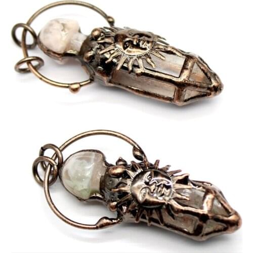 New 1Pc Natural Hexagonal Column Crystal Quartz Sun Vintage Pendant Cherry Agatess Cap Stone Charm Handmade Ant Cooper Plating