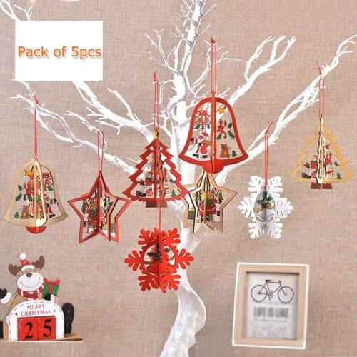 New Year Navidad 1Pcs 3D Christmas Ornament Wooden Hanging Pendants Star Xmas Tree Bell Christmas Decor For Home Party