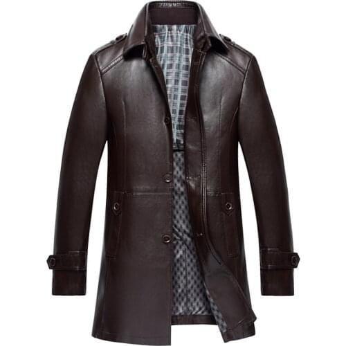 Autumn and Winter Leather Mens Jacket Stand Collar Men Long Leather Windbreaker Jacket Black/Brown Motorcycle Jacket Men,M-4XL