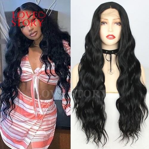 Lovestory Black Color Synthetic Lace Front Wig Long Water Wave Glueless Synthetic Replacement Wigs For Women