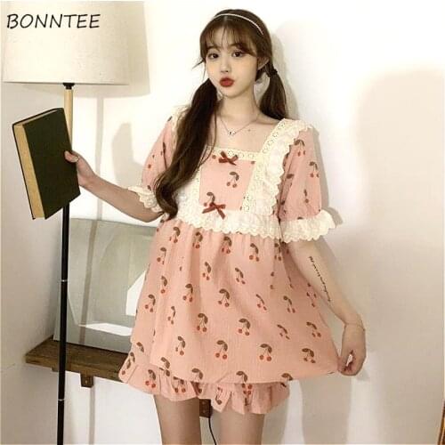 Pajama Sets Women Summer Japan Style Kawaii Lace Patchwork Young Girls Homewear Print Sweet Square Collar Daily Womens Pajamas