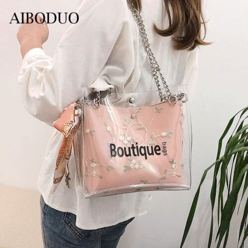 AIBODUO Transparent Women Bag 2020 Summer Fashion Pop Jelly Bag Hot Sale Silk Scarf Chain Shopping Office Messenger Bag