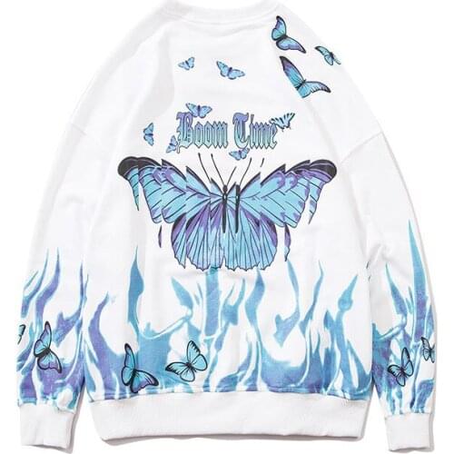 KIOVNO Men Flame Butterfly Printed Pullover Sweatshirts Hip Hop Fashion Harajuku Sweatshirts For Male Tops Long Sleeves