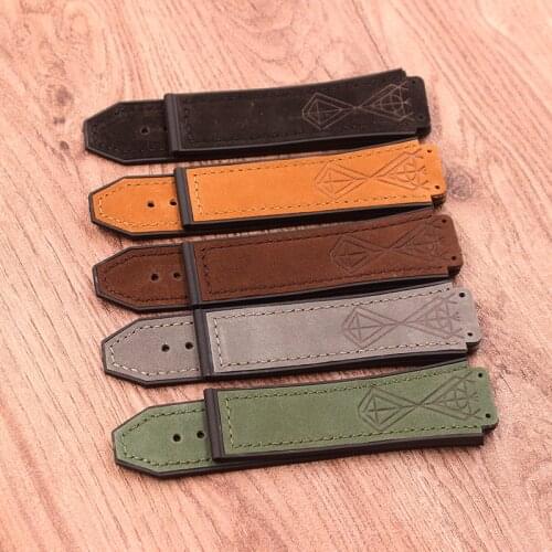 Watch Accessories 25 * 19mm Crazy Horse Leather Natural Silicone Rubber Strap Mens Watch Strap