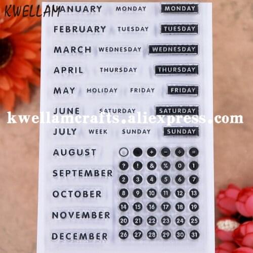 Word Calendar Month Week JANUARY DECEMBER MONDAY SUNDAY Numbers Scrapbook photo cards rubber stamp clear stamp transparent stamp
