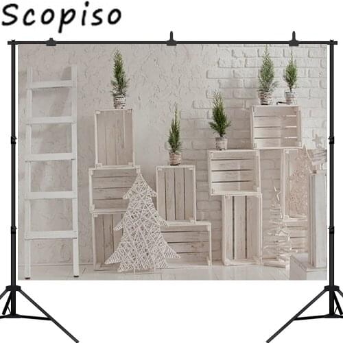 Scopiso Christmas Backdrop Vinyl Photography Background Christmas Tree Wood Stair Brick Wall Children Backdrops for Photo Studio