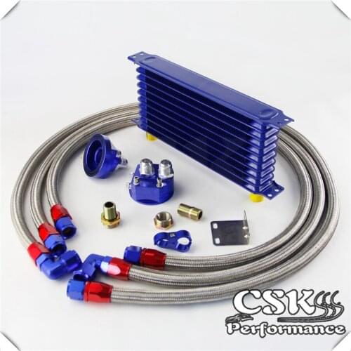10 Row 262mm AN10 Universal Engine Transmission Oil Cooler Trust Type + Filter Adapter Kit Blue