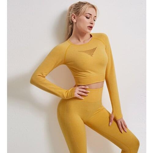 Yellow Women Long Sleeve Yoga Crop Top Shirt With Thumb Hole Slim Workout Sportswear Gym Clothing Fitness Female Cylcing Shirt