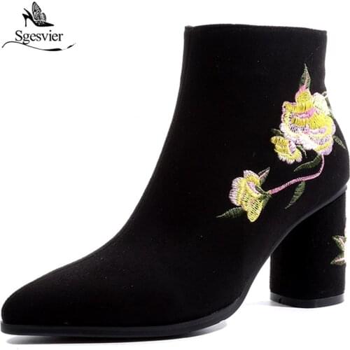 Sgesvier new fashion popular flock embroider shoes women super high strange style pointed toe zipper three colors ankle boots