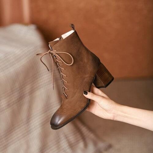 2021 Winter Genuine Leather Women Boots Fashin ZIP Ankle Boots Square Toe Thick Heel Cross-tied Women Shoes Retro HEELS