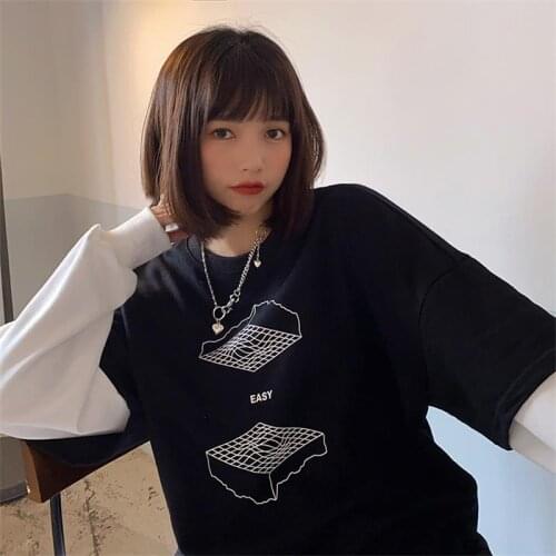 Female Korean Lazy Loose Ins Fake Two-piece Sweatshirt Womens Sweatshirts Japanese Harajuku Ulzzang Vintage Clothing For Women