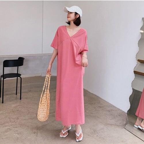 Extra Large Size Split T-Shirt Dress Female Summer V-Neck Loose Korean Style Long Over-The-Knee Open Back Long Skirt