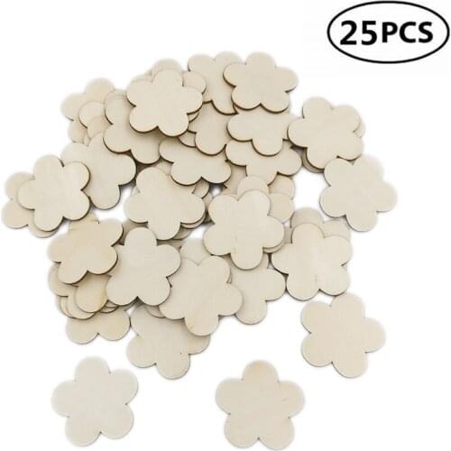 25pcs 50mm Wooden Flower Shape Discs Unfinished Blank Wood Slices Pieces for DIY Arts Crafts Ornaments & Weddings Decoration
