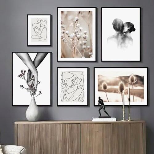 Abstract Line Love Kiss Hand Grass Couple Wall Art Canvas Painting Nordic Posters And Prints Wall Pictures For Living Room Decor