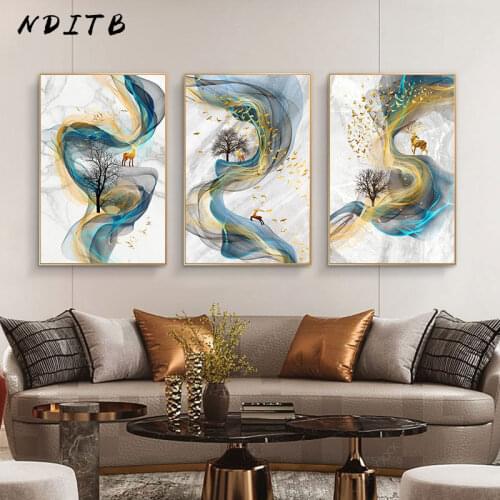 Abstract Marble Line Deer Bird Canvas Art Painting Nordic Poster and Print Minimalist Wall Picture Modern Living Room Decoration