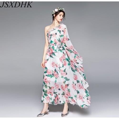 Boho Holiday Summer Floral Print Plus Size Long Dress Elegant Women One Shoulder Rose Flower Chiffon Ruffles Loose Maxi Dress