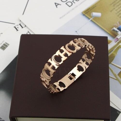 High Quality Gift Jewelry Titanium Steel C H letter Openning Cuff bangle /Trendy Women Rose gold color lovers' bangle
