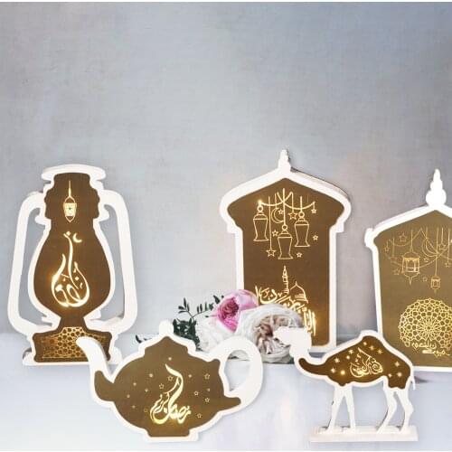 Wooden Eid Mubarak Decorative Lights Arab Muslims Ramadan Decorative Crafts Eid Mubarak Decorative LED Lights Gifts
